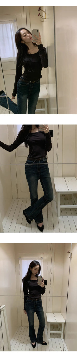 Tenian Square Neck Ribbed Round Long Sleeve T shirt