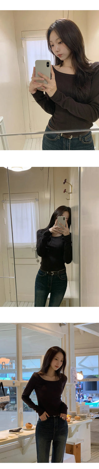 Tenian Square Neck Ribbed Round Long Sleeve T shirt