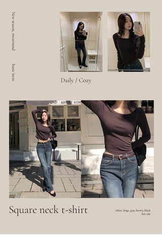 Tenian Square Neck Ribbed Round Long Sleeve T shirt