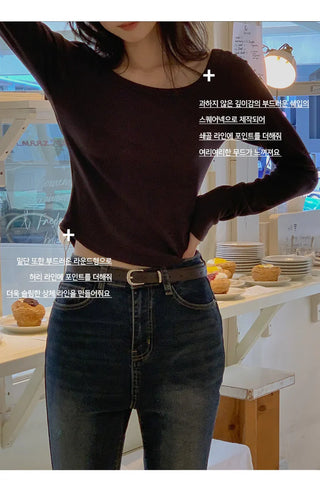 Tenian Square Neck Ribbed Round Long Sleeve T shirt