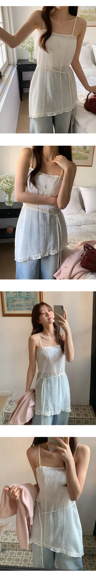 Peyron See through Wrinkle String Frill Asymmetrical Sleeveless Dress
