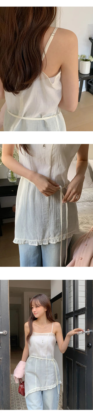 Peyron See through Wrinkle String Frill Asymmetrical Sleeveless Dress