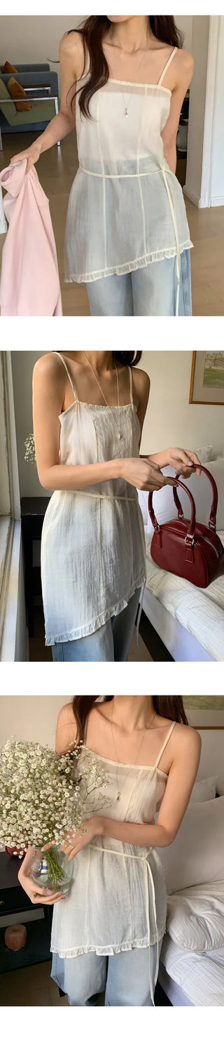 Peyron See through Wrinkle String Frill Asymmetrical Sleeveless Dress