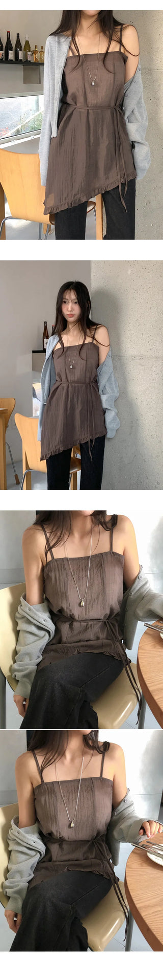 Peyron See through Wrinkle String Frill Asymmetrical Sleeveless Dress