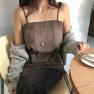 Peyron See through Wrinkle String Frill Asymmetrical Sleeveless Dress