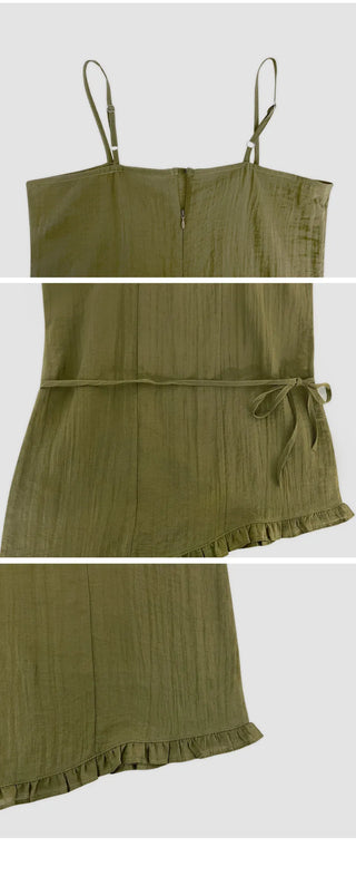 Peyron See through Wrinkle String Frill Asymmetrical Sleeveless Dress