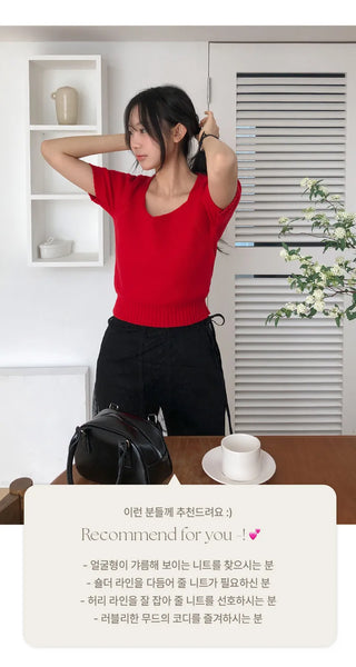 Ivin Heart Neck Shirred Short Sleeve Knit