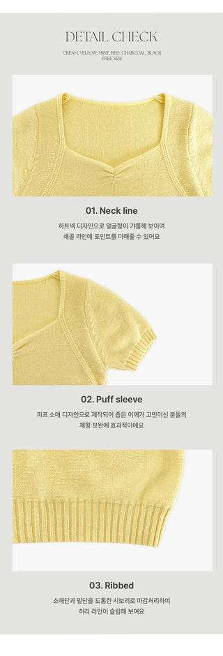 Ivin Heart Neck Shirred Short Sleeve Knit
