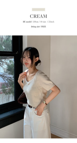 Ivin Heart Neck Shirred Short Sleeve Knit