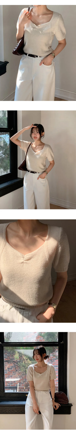 Ivin Heart Neck Shirred Short Sleeve Knit