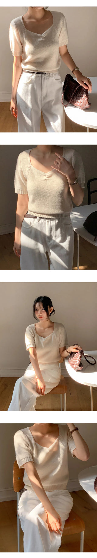 Ivin Heart Neck Shirred Short Sleeve Knit