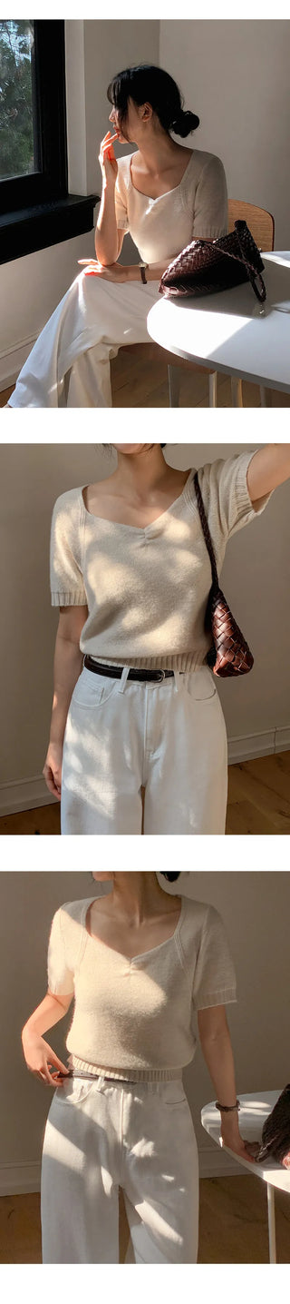 Ivin Heart Neck Shirred Short Sleeve Knit
