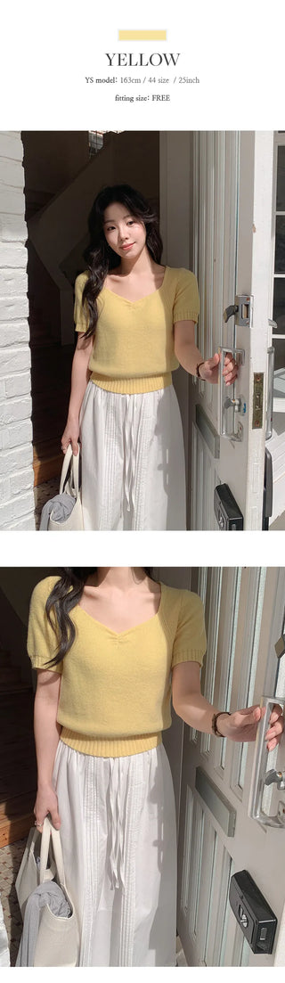 Ivin Heart Neck Shirred Short Sleeve Knit