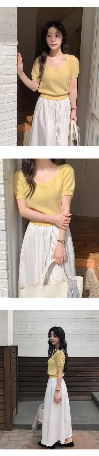 Ivin Heart Neck Shirred Short Sleeve Knit