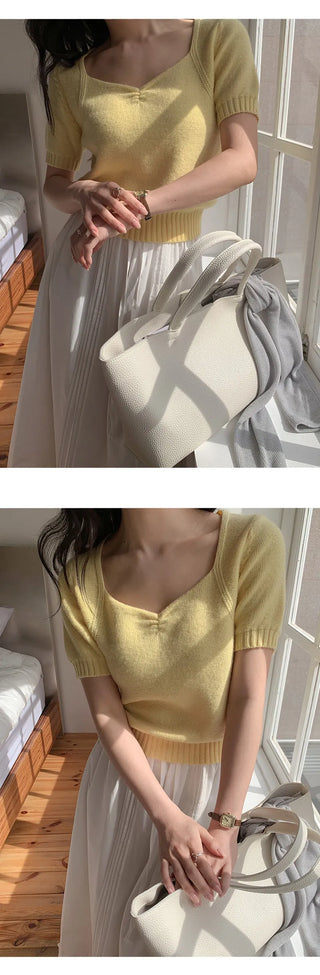 Ivin Heart Neck Shirred Short Sleeve Knit