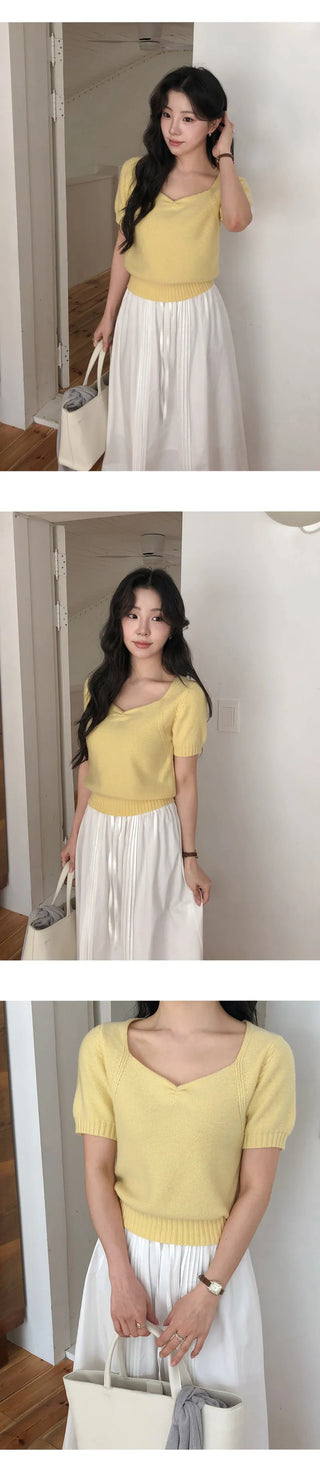 Ivin Heart Neck Shirred Short Sleeve Knit
