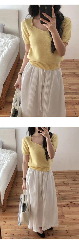 Ivin Heart Neck Shirred Short Sleeve Knit