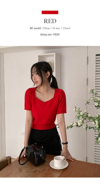 Ivin Heart Neck Shirred Short Sleeve Knit