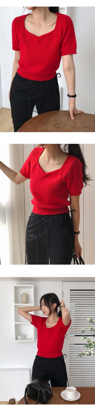 Ivin Heart Neck Shirred Short Sleeve Knit