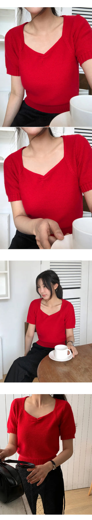 Ivin Heart Neck Shirred Short Sleeve Knit