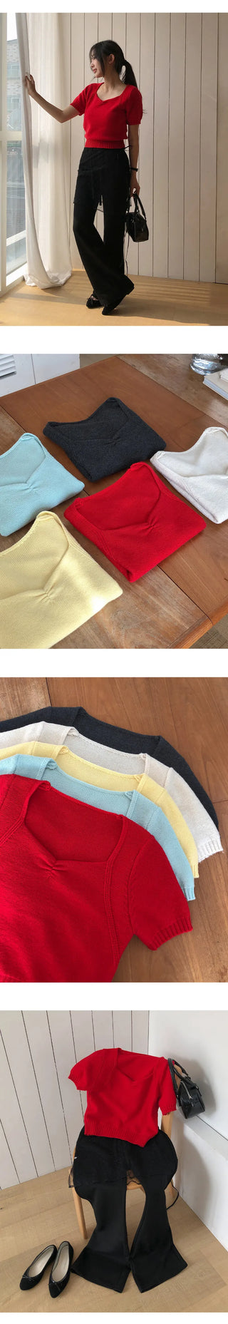 Ivin Heart Neck Shirred Short Sleeve Knit