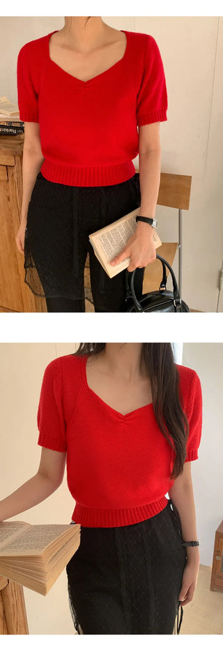 Ivin Heart Neck Shirred Short Sleeve Knit