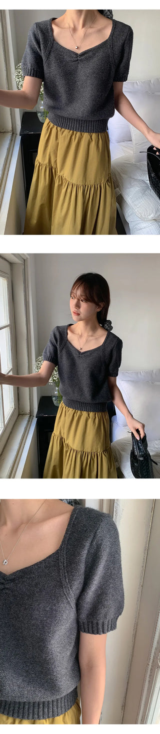 Ivin Heart Neck Shirred Short Sleeve Knit