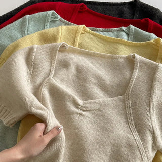 Ivin Heart Neck Shirred Short Sleeve Knit