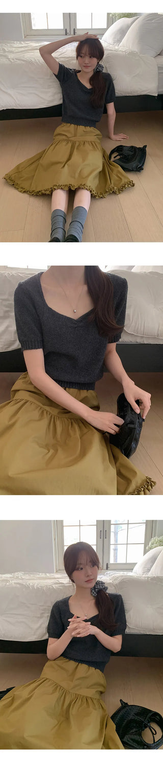 Ivin Heart Neck Shirred Short Sleeve Knit