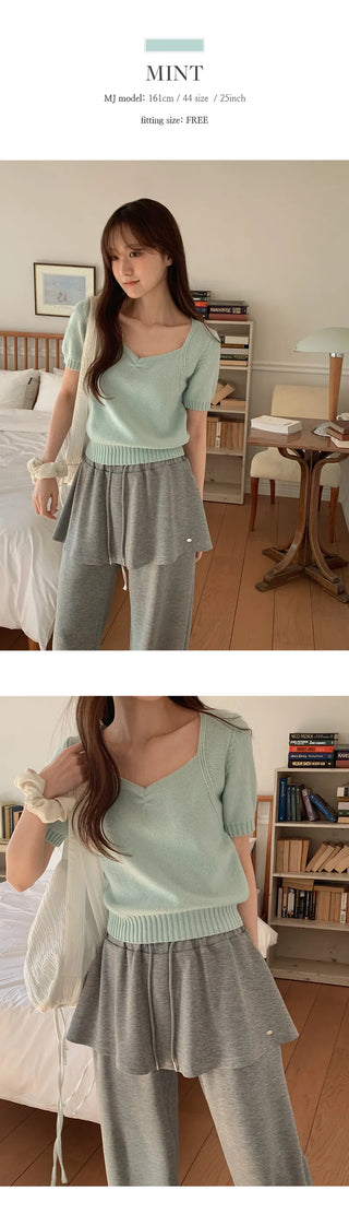 Ivin Heart Neck Shirred Short Sleeve Knit