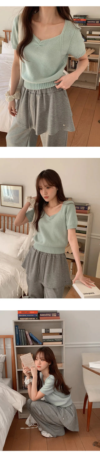 Ivin Heart Neck Shirred Short Sleeve Knit