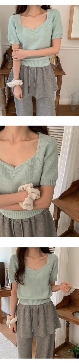 Ivin Heart Neck Shirred Short Sleeve Knit