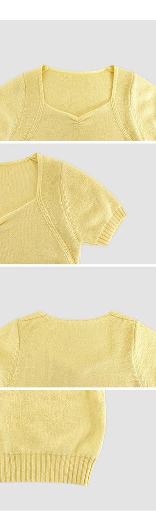 Ivin Heart Neck Shirred Short Sleeve Knit