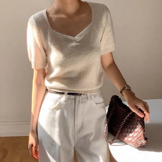 Ivin Heart Neck Shirred Short Sleeve Knit