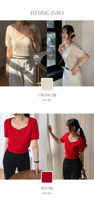 Ivin Heart Neck Shirred Short Sleeve Knit