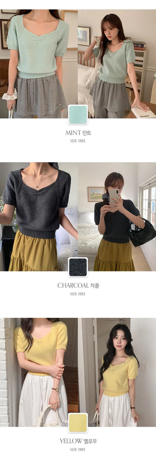 Ivin Heart Neck Shirred Short Sleeve Knit