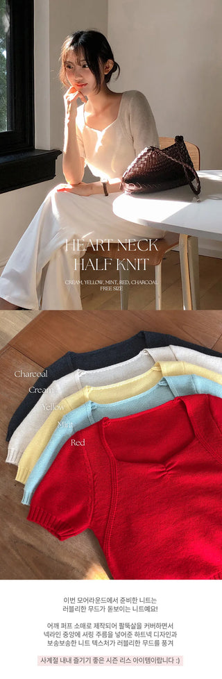 Ivin Heart Neck Shirred Short Sleeve Knit