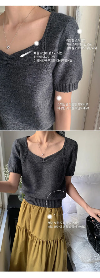 Ivin Heart Neck Shirred Short Sleeve Knit