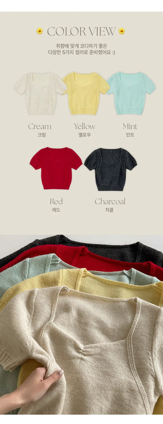 Ivin Heart Neck Shirred Short Sleeve Knit