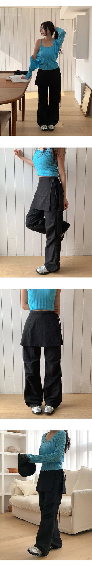 Tabin String Layered Skirt Parachute Pants Set