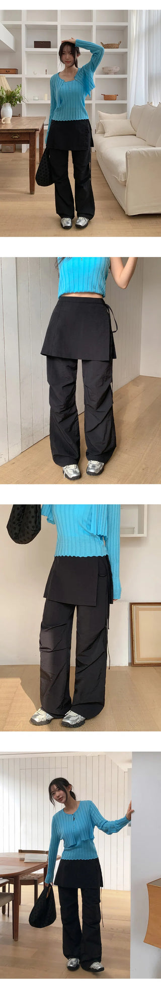 Tabin String Layered Skirt Parachute Pants Set