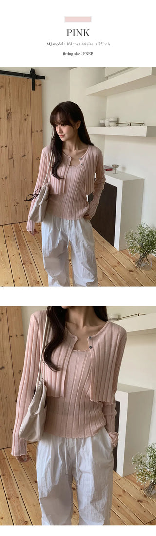 Serene Ribbed Knit Sleeveless Crop Cardigan Set
