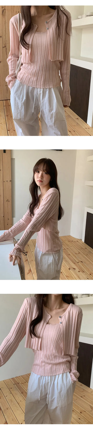 Serene Ribbed Knit Sleeveless Crop Cardigan Set