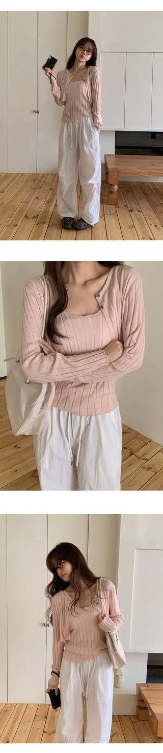 Serene Ribbed Knit Sleeveless Crop Cardigan Set