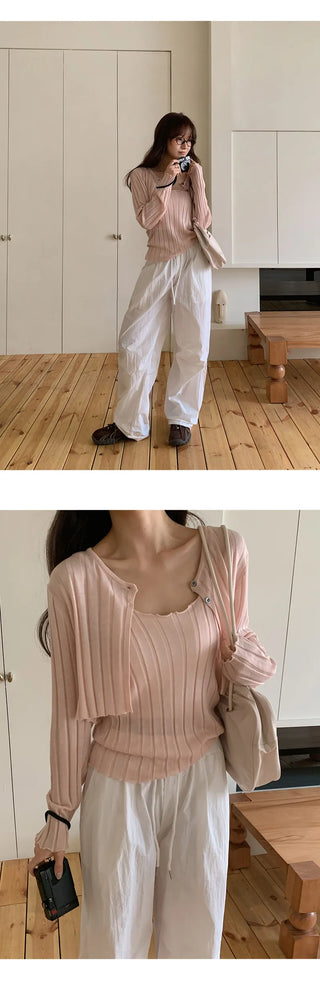 Serene Ribbed Knit Sleeveless Crop Cardigan Set