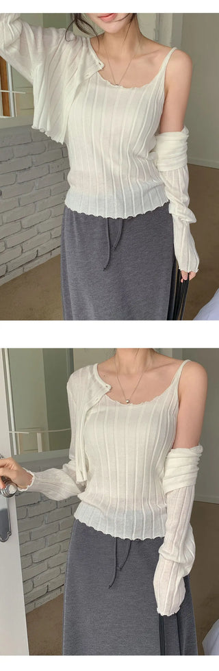 Serene Ribbed Knit Sleeveless Crop Cardigan Set