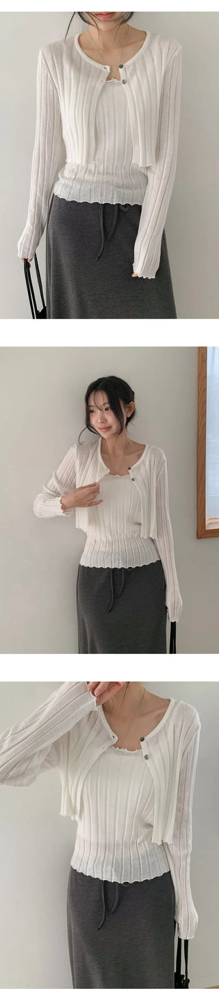 Serene Ribbed Knit Sleeveless Crop Cardigan Set