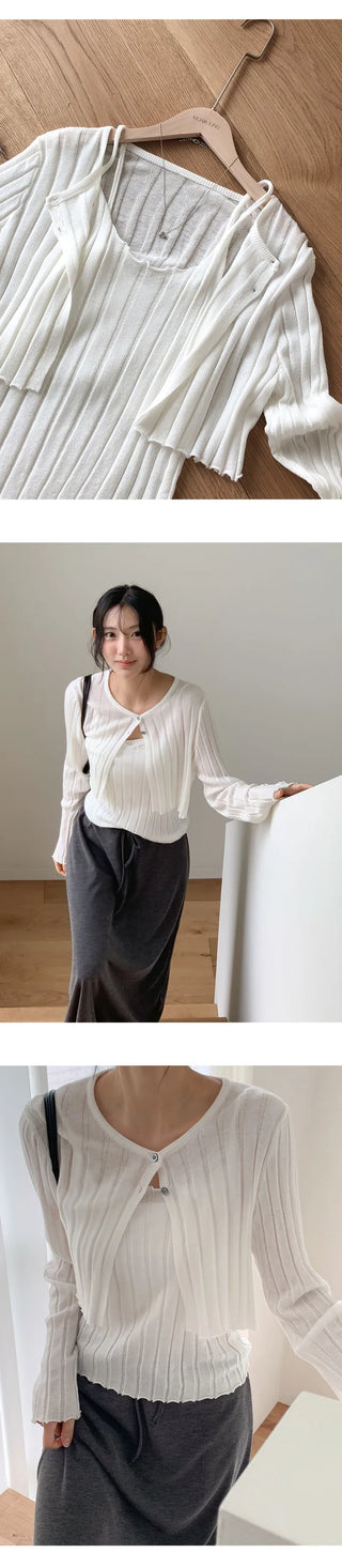 Serene Ribbed Knit Sleeveless Crop Cardigan Set