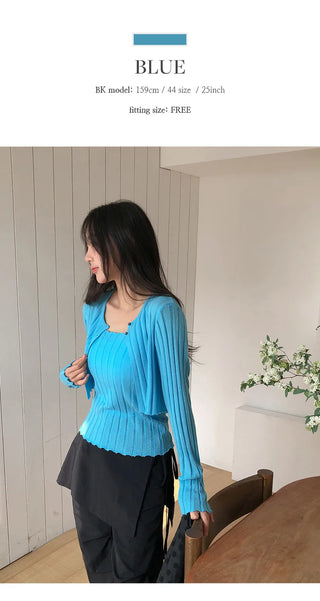 Serene Ribbed Knit Sleeveless Crop Cardigan Set