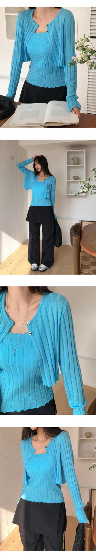 Serene Ribbed Knit Sleeveless Crop Cardigan Set